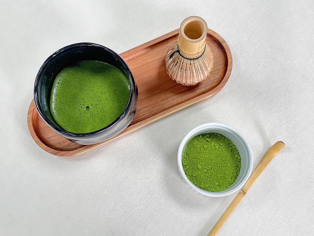 Bowl of freshly whisked ceremonial grade matcha